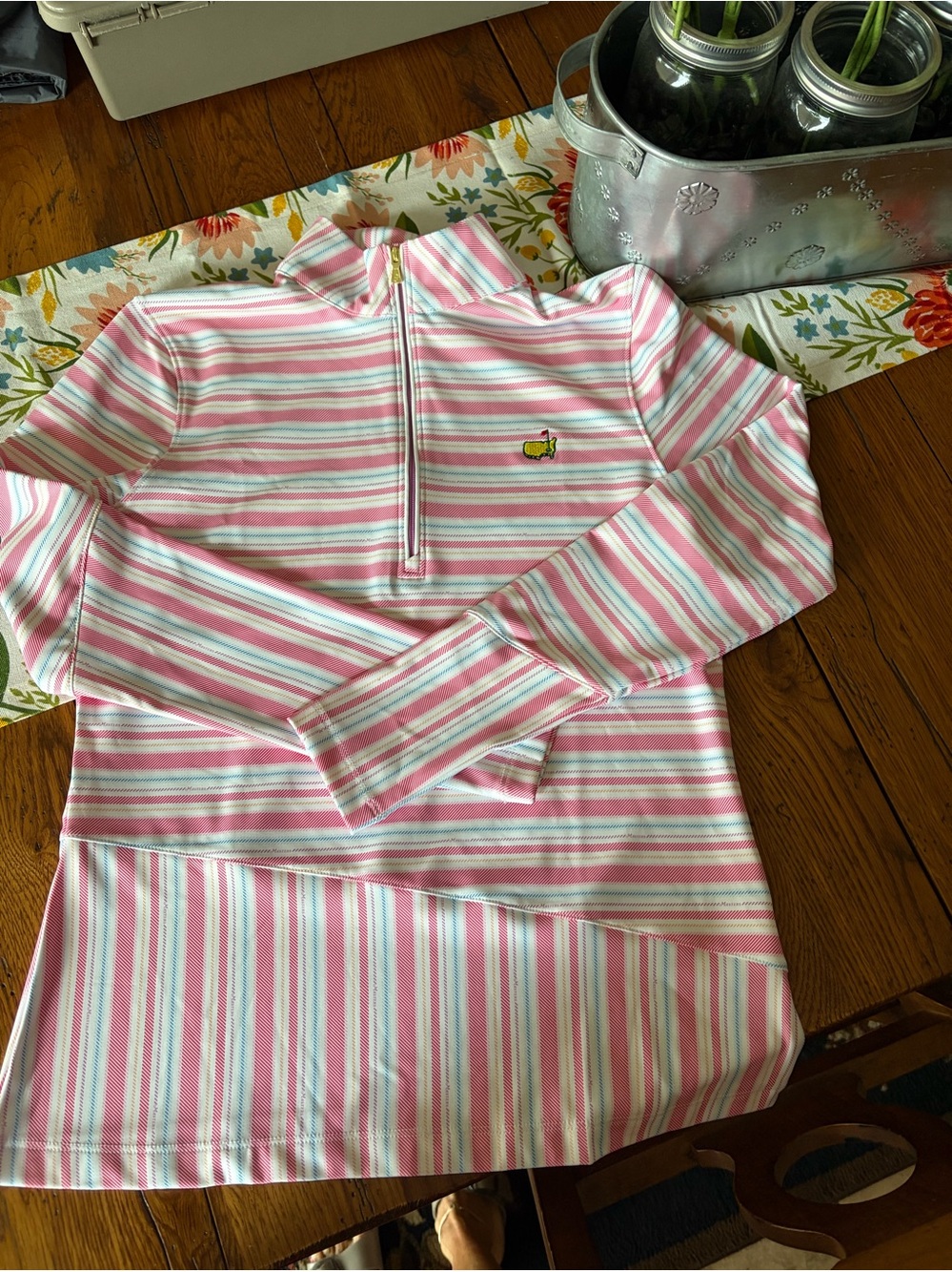 Masters/ Magnolia Pink, White & Light Blue Striped quarter zip Top (2026) - Picture 5 of 5